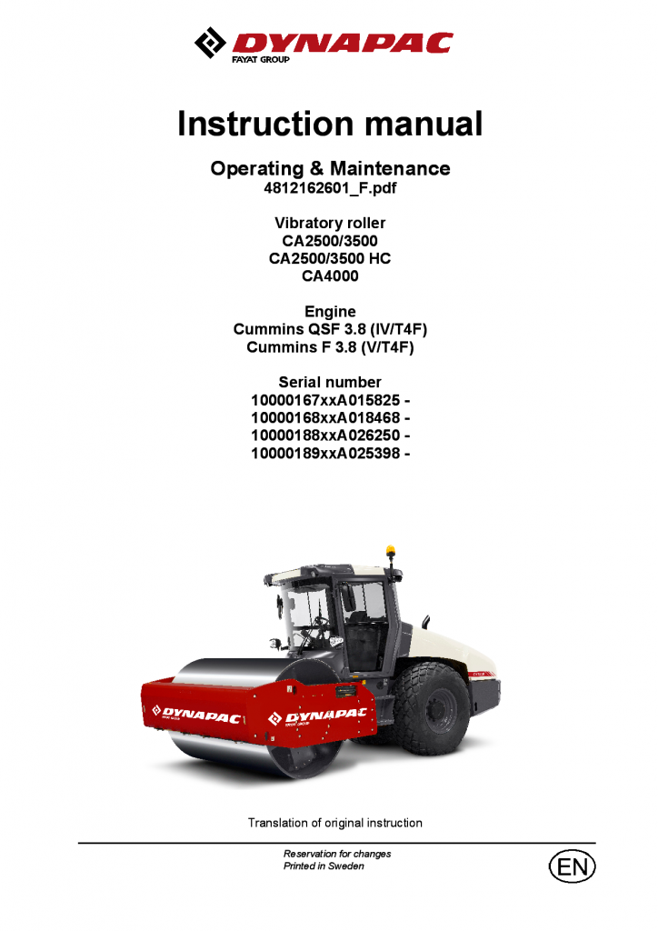 Dynapac CA2500 3500 4000 (IV V T4F) - Operation & Maintenance manual (EN) 4812162601 manual PDF Download