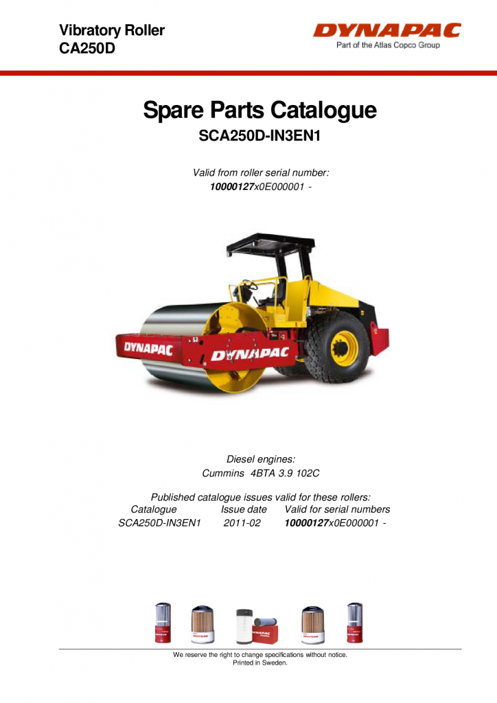 Dynapac CA250D - Spare Parts Catalogue SCA250D-IN3EN manual PDF Download