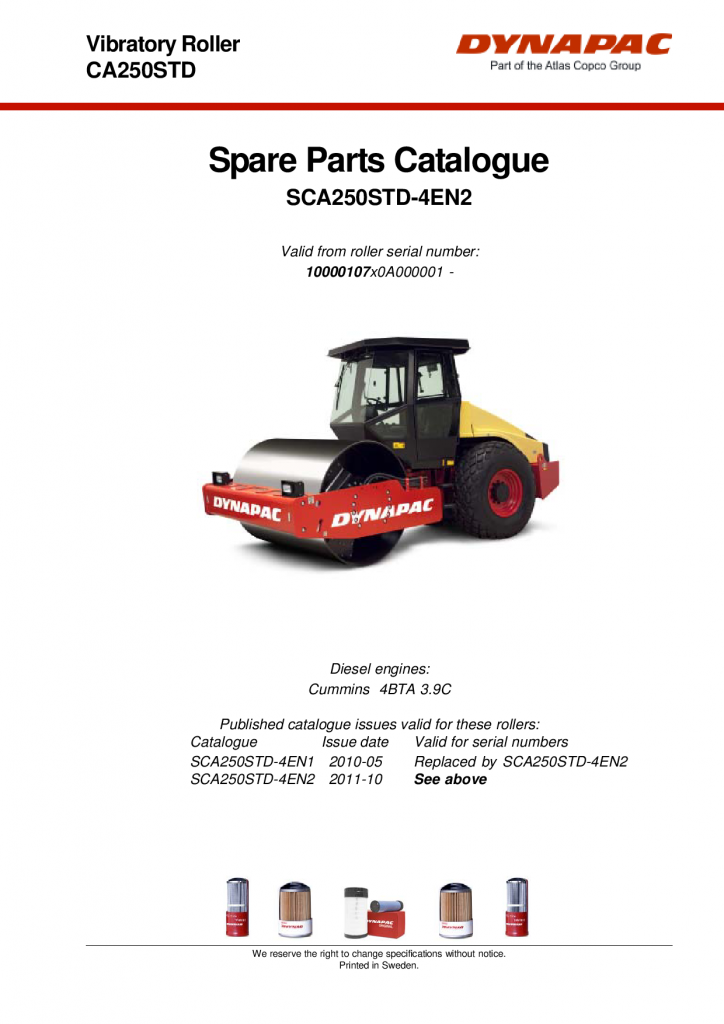 Dynapac CA250STD - Spare Parts Catalogue SCA250STD-4EN manual PDF Download