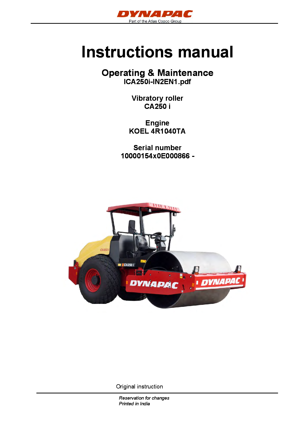 Dynapac CA250i Operation & Maintenance manual ICA250i-IN2EN manual PDF Download