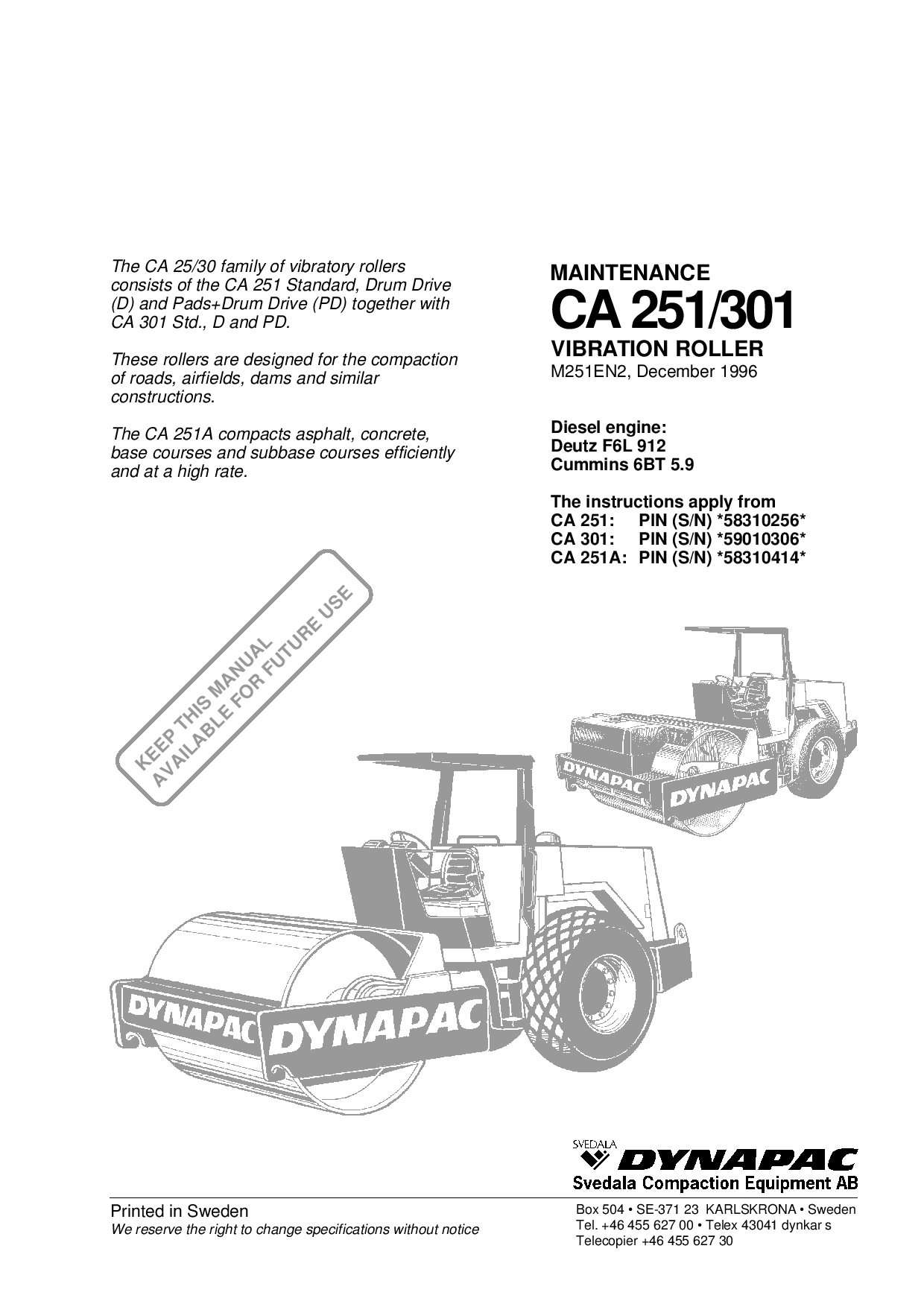 Dynapac CA251 301, Maintenance Manual M251EN2 manual PDF Download