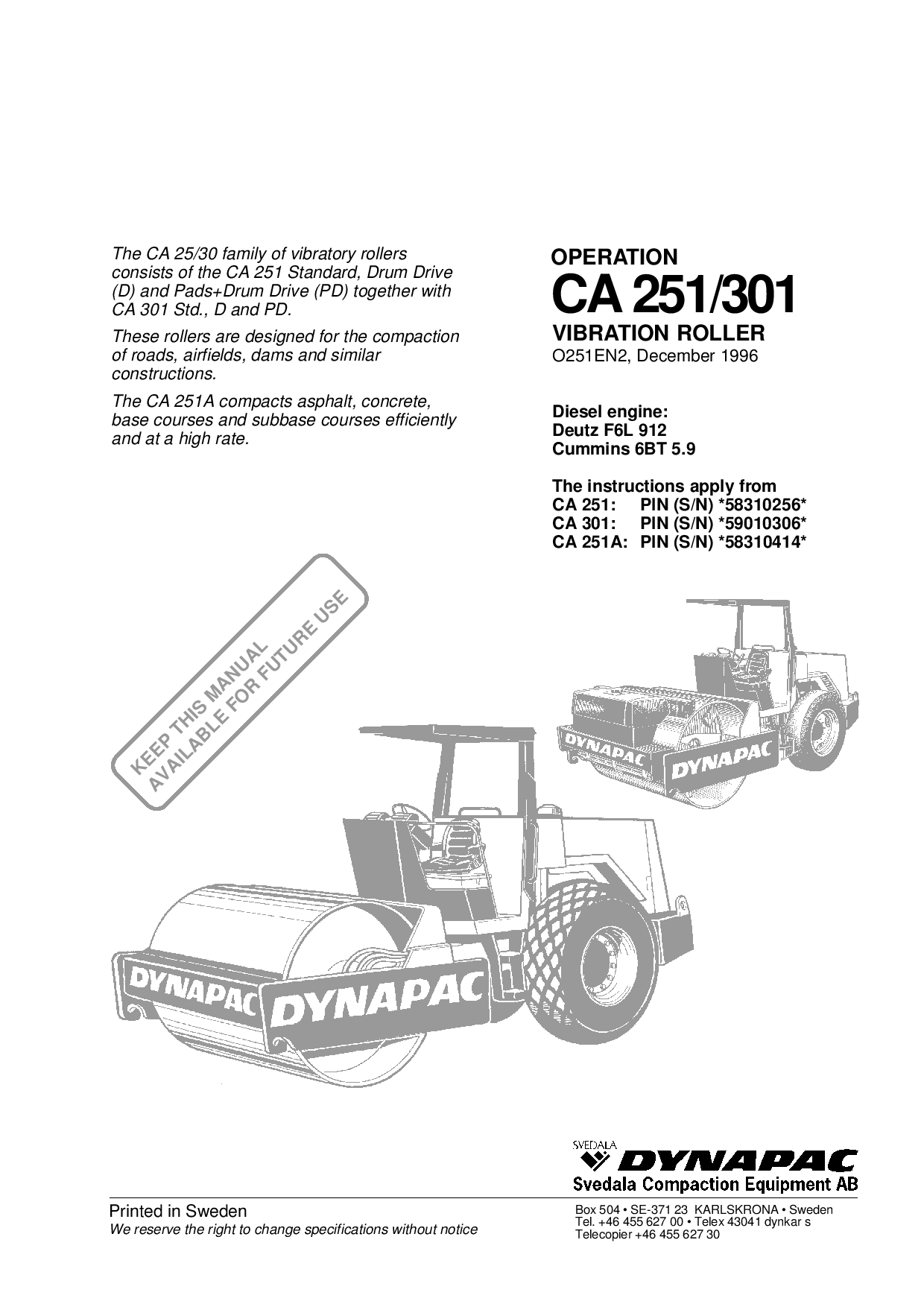 Dynapac CA251 301, Operation Manual O251EN2 manual PDF Download