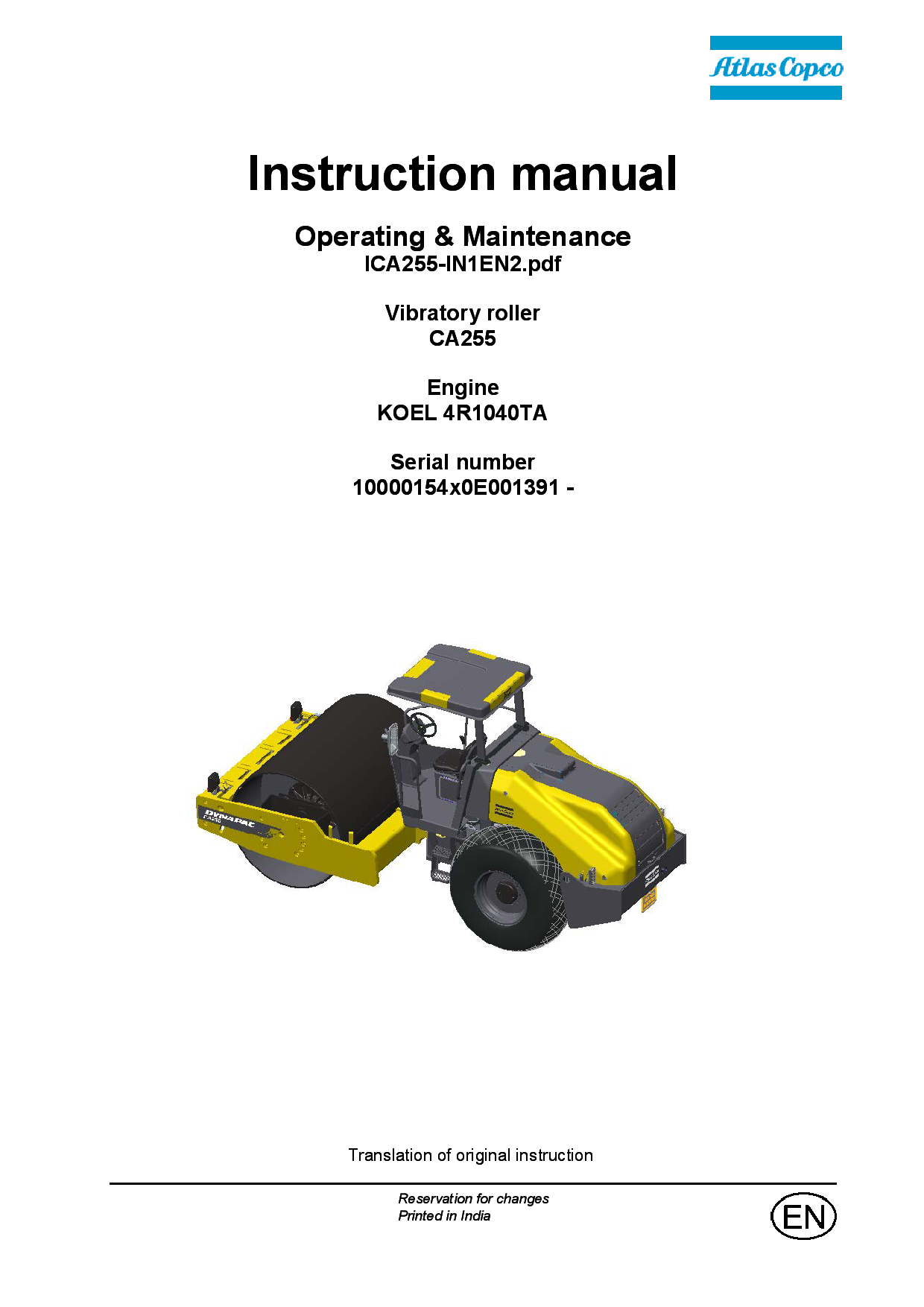 Dynapac CA255-Operation & Maintenance manual ICA255-IN1EN2 manual PDF Download