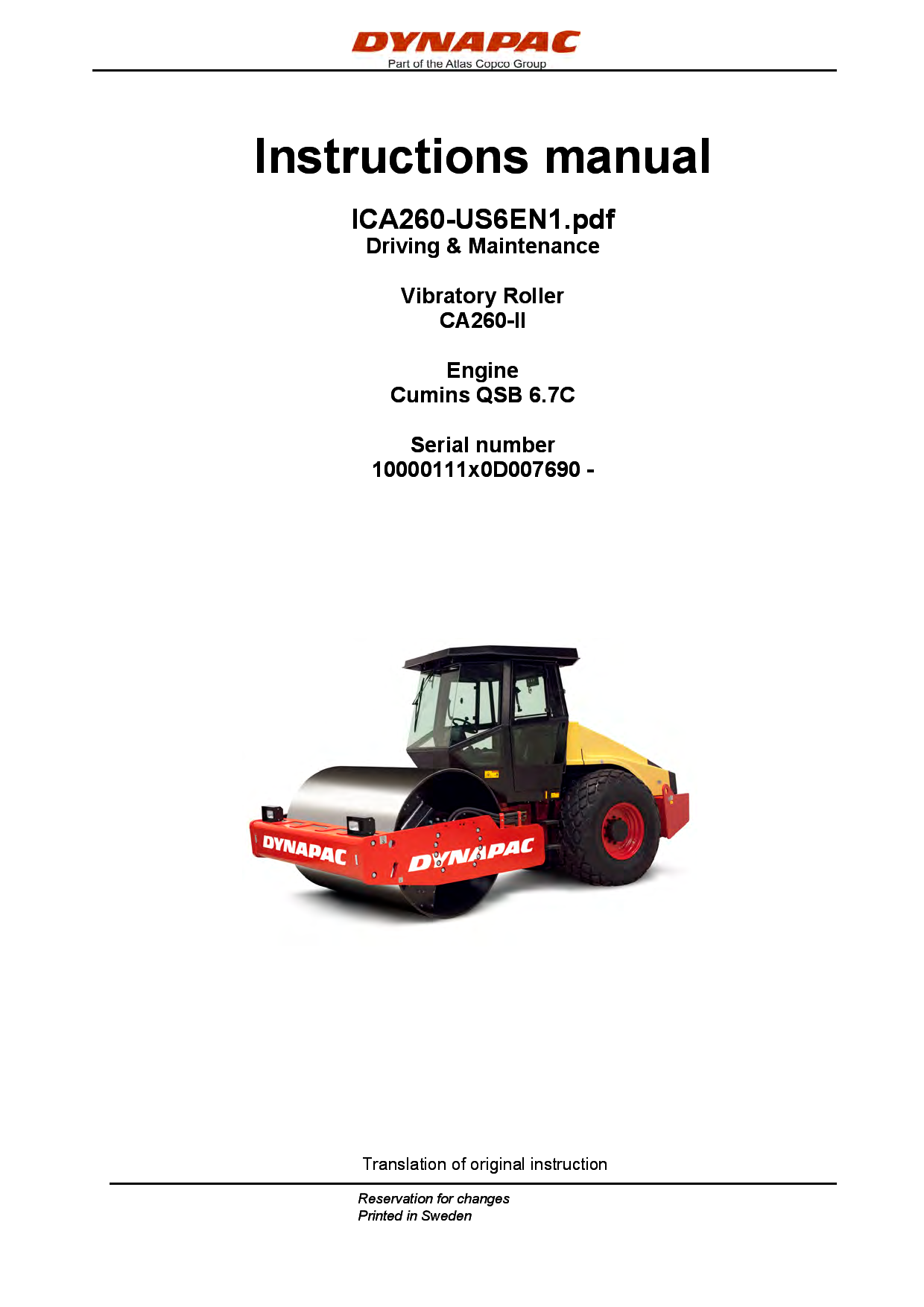 Dynapac CA260-II - Operation & Maintenance manual ICA260-US6EN manual PDF Download