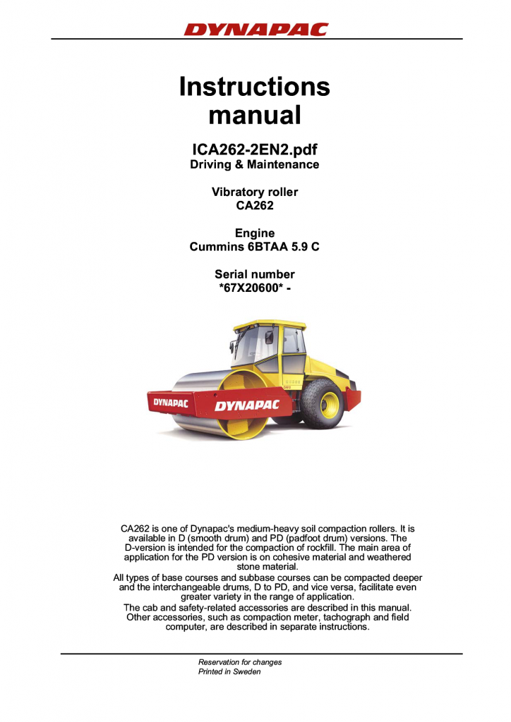 Dynapac CA262 - Operation & Maintenance manual ICA262-2EN manual PDF Download