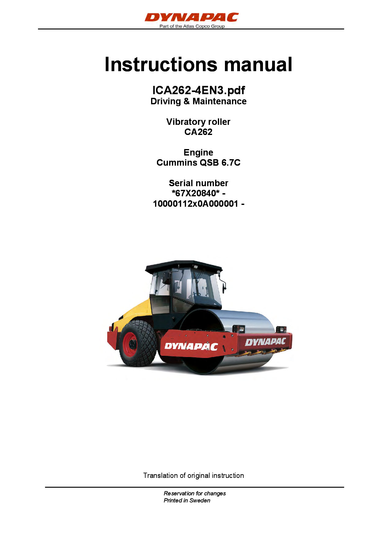 Dynapac CA262 - Operation & Maintenance manual manual PDF Download