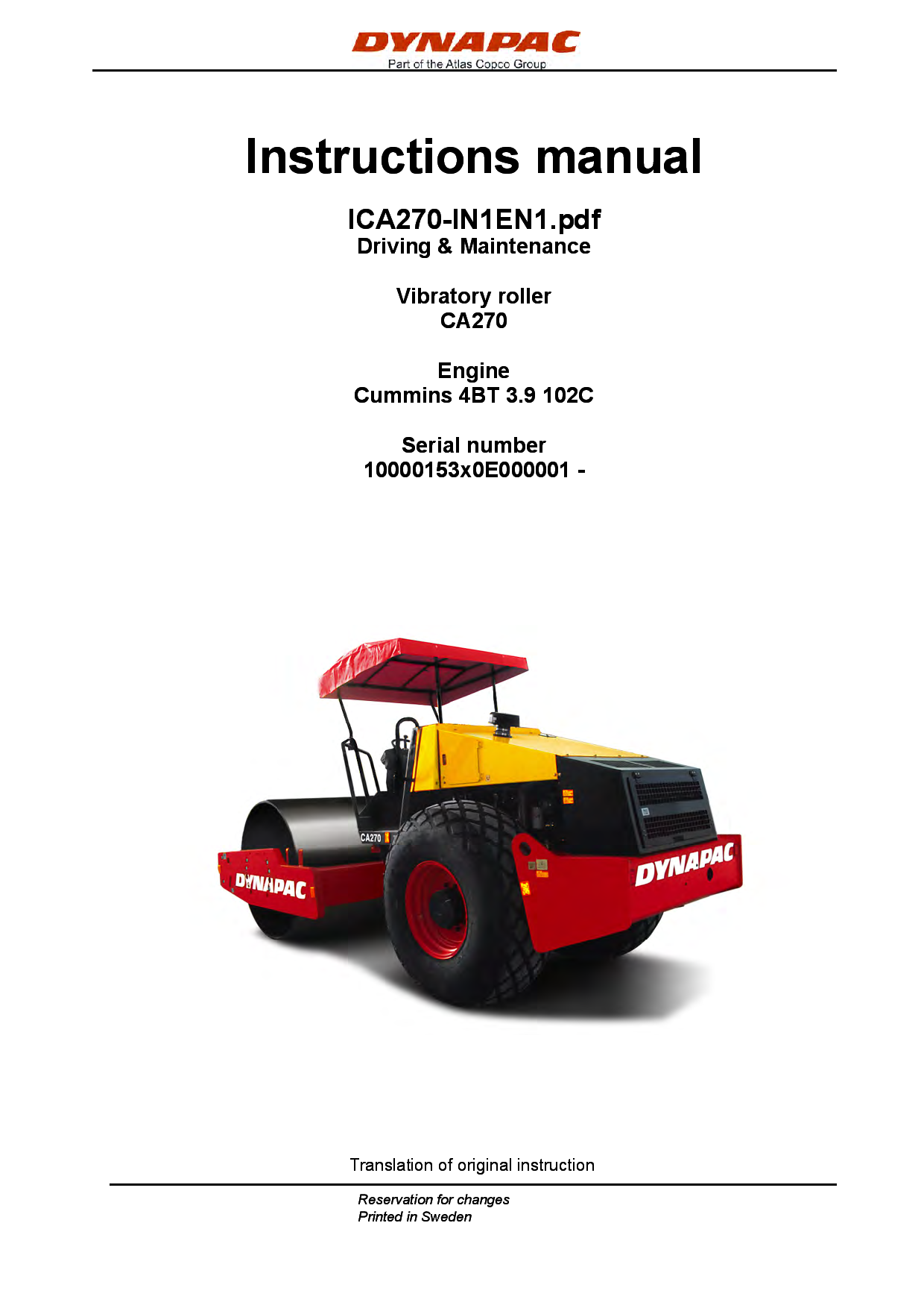Dynapac CA270- Operation & Maintenance manual ICA270-IN1EN manual PDF Download