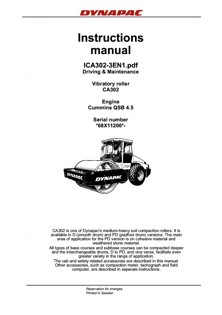 Dynapac CA302 - Operation & Maintenance manual ICA302-3EN manual PDF Download