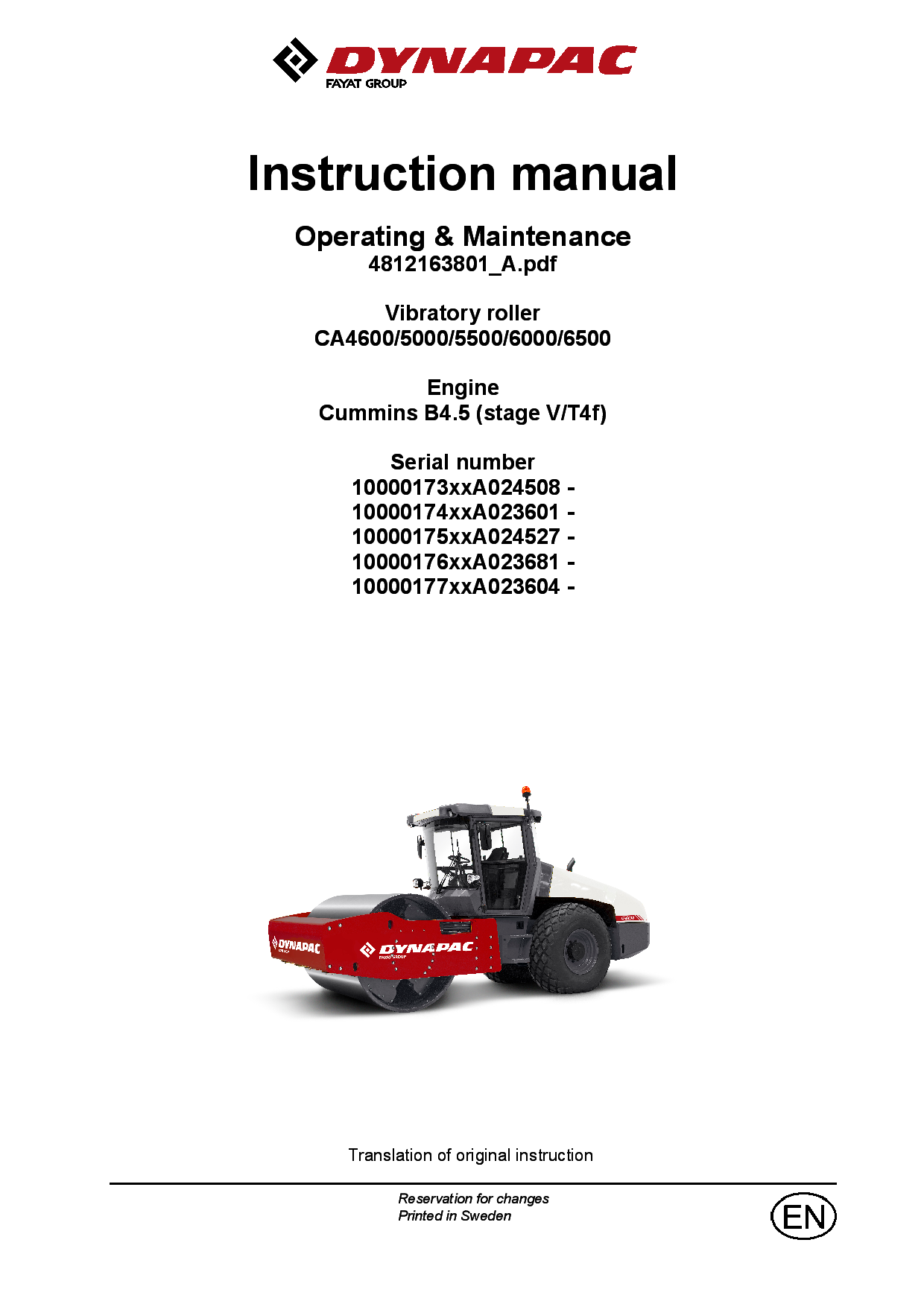 Dynapac CA4600 5000 5500 6000 6500 (stage V) - Operation & Maintenance manual (EN) 4812163801 manual PDF Download