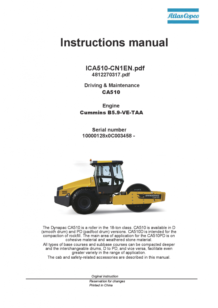 Dynapac CA510 (II T2) - Operation & Maintenance manual (EN) 4812270317 manual PDF Download