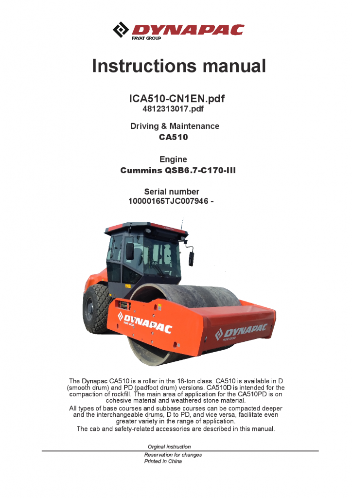 Dynapac CA510 (IIIA T3) - Operation & Maintenance manual (EN) manual PDF Download
