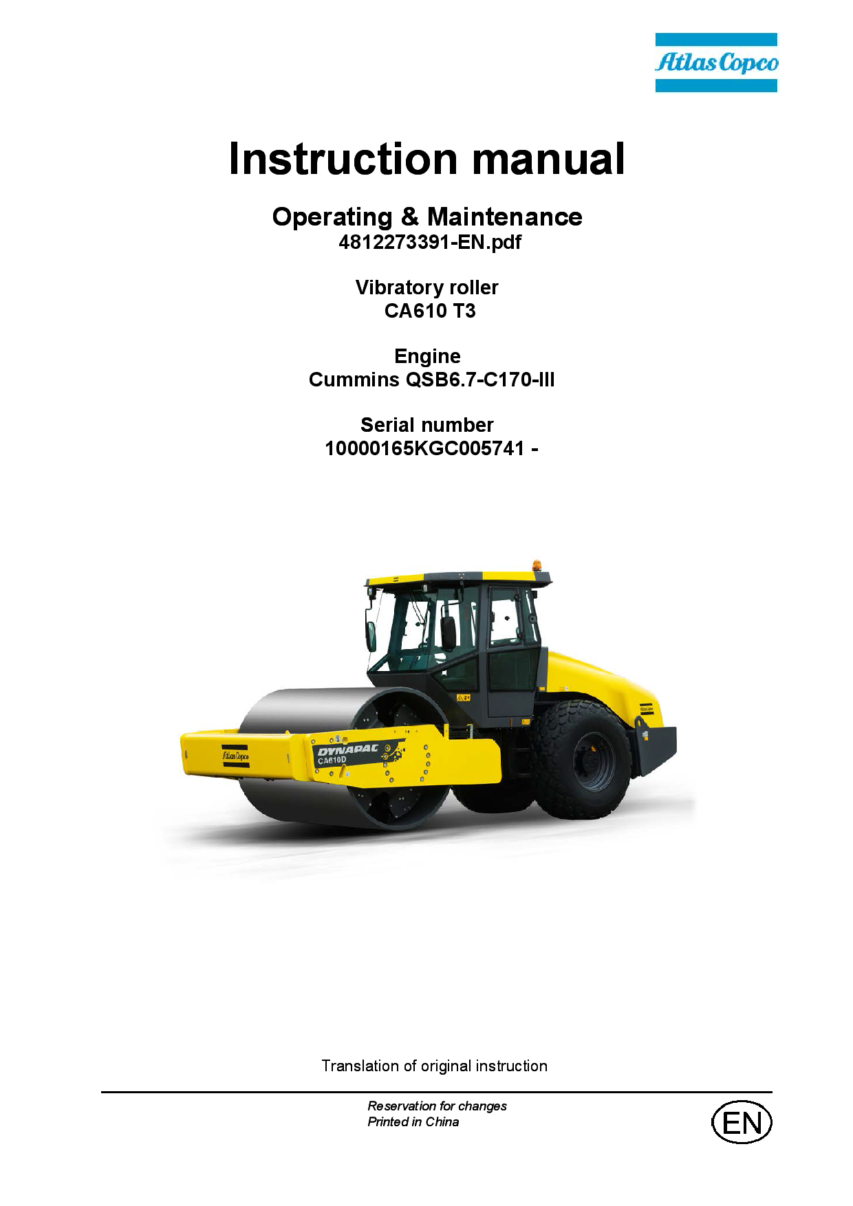 Dynapac CA610 (IIIA T3) - Operation & Maintenance manual (EN) 4812273391 manual PDF Download
