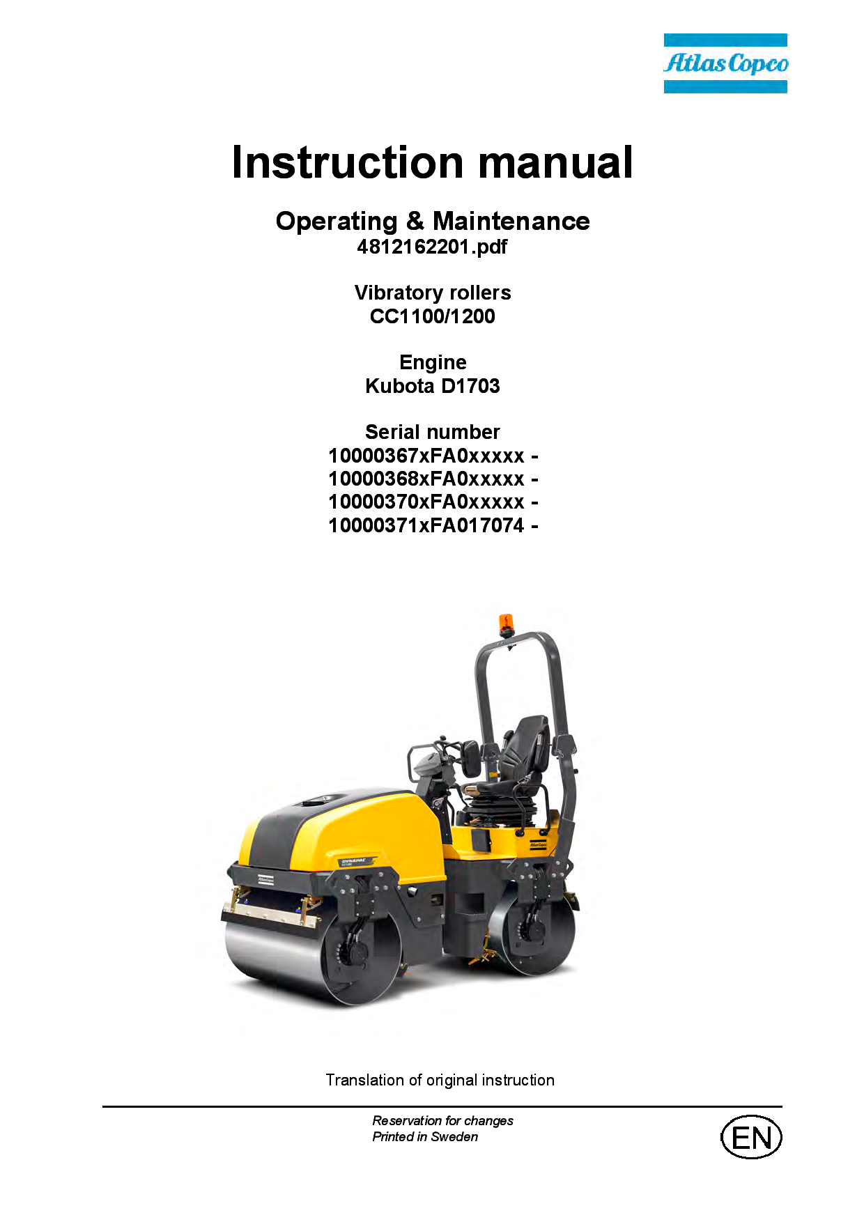 Dynapac CC1100 1200 (18 kW) - Operation & Maintenance manual (EN) 4812162201 manual PDF Download