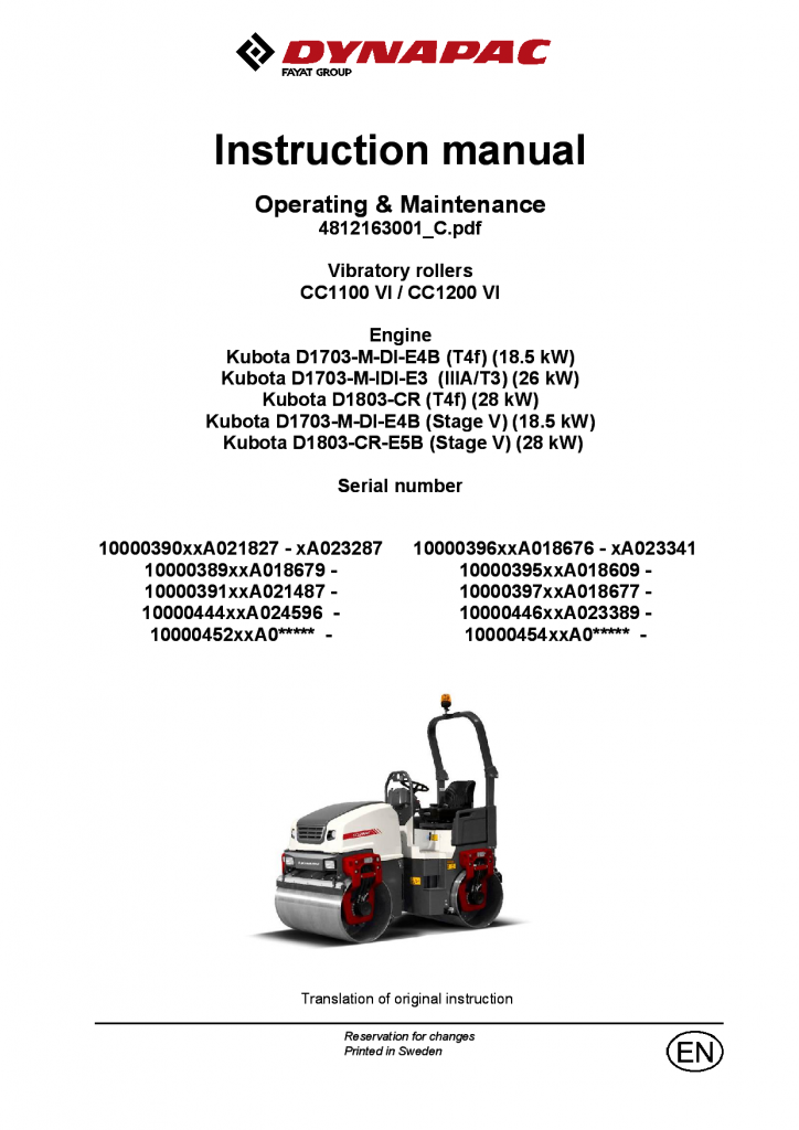 Dynapac CC1100 VI CC1200 VI - Operation & Maintenance manual (EN) 4812163001 manual PDF Download