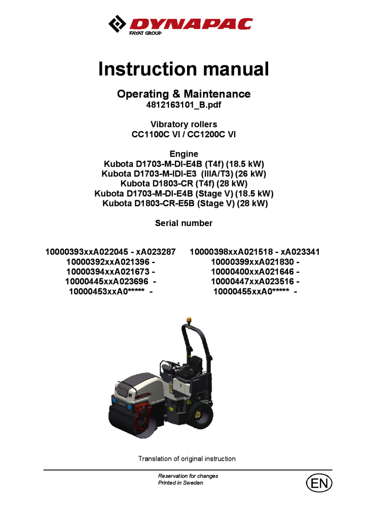 Dynapac CC1100C VI CC1200C VI - Operation & Maintenance manual (EN) 4812163101 manual PDF Download