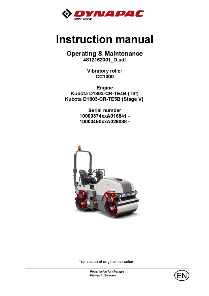 Dynapac CC1300 T4 - Operation & Maintenance manual (EN) 4812162001 manual PDF Download