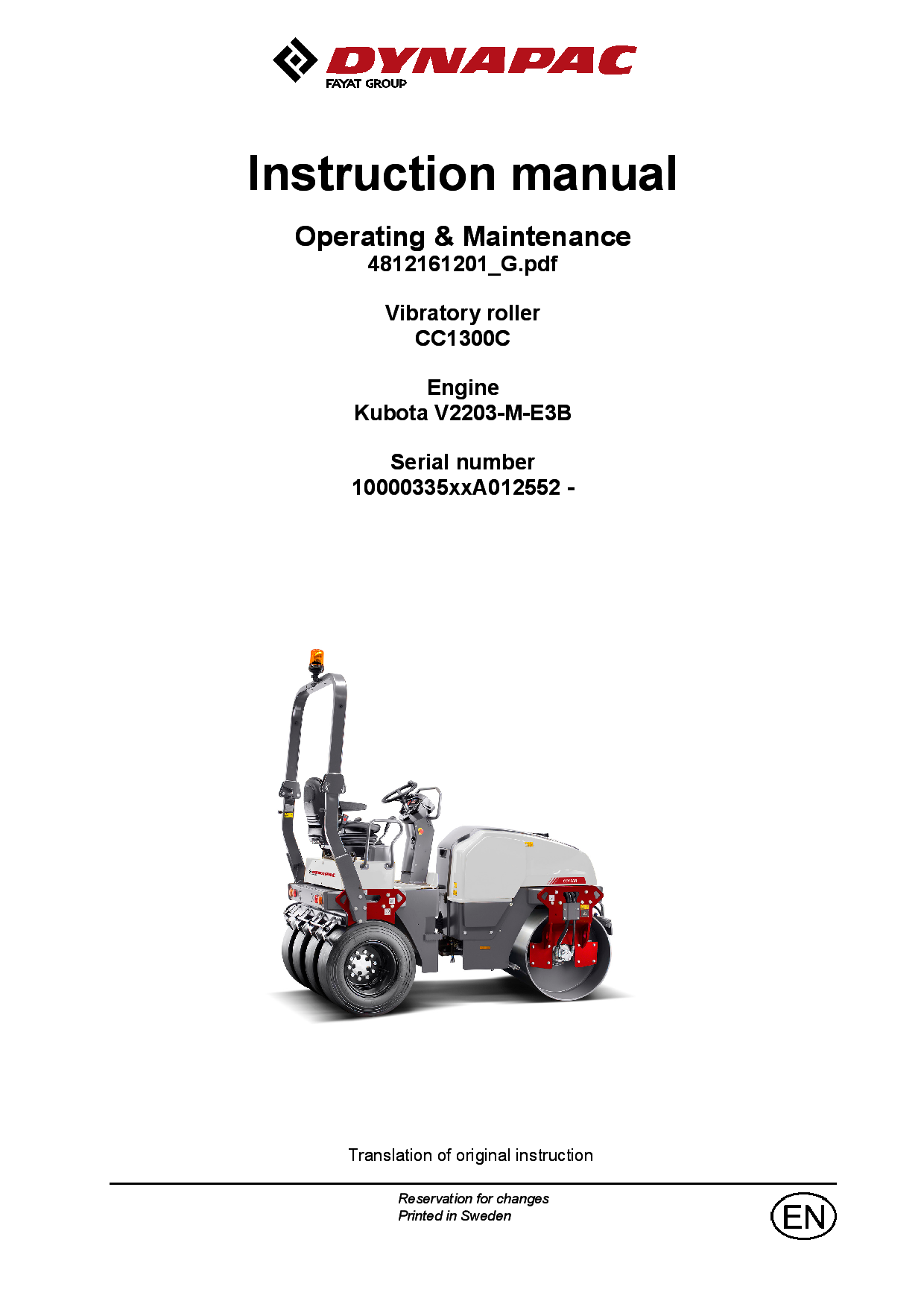 Dynapac CC1300C - Operation & Maintenance manual (EN) 4812161201 manual PDF Download