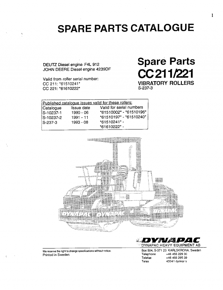 Dynapac CC211 221 - Spare Parts Catalogue S-237-3 manual PDF Download