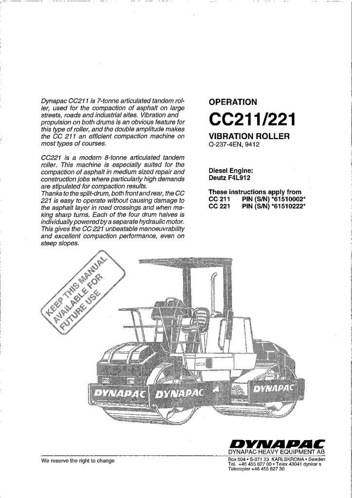 Dynapac CC211 CC221 - Operation manual O-237-4EN manual PDF Download