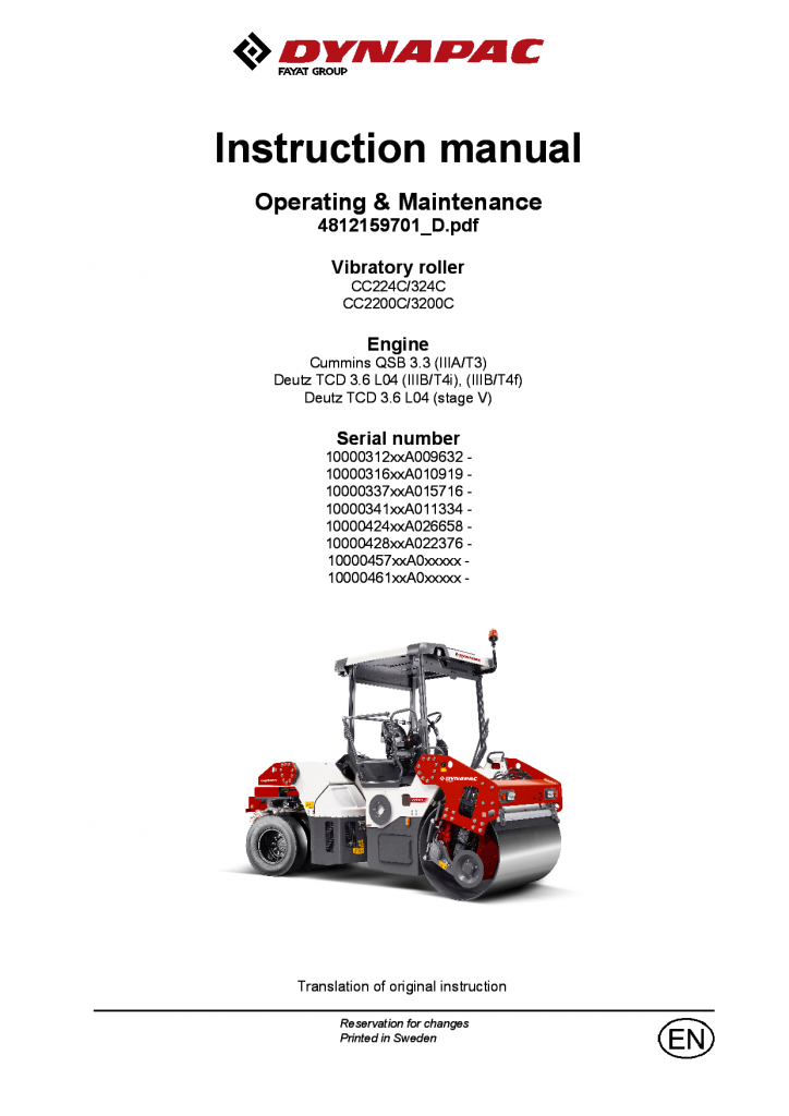 Dynapac CC224CHF 324CHF, CC2200C 3200C - Operation & Maintenance manual (EN) 4812159701 manual PDF Download