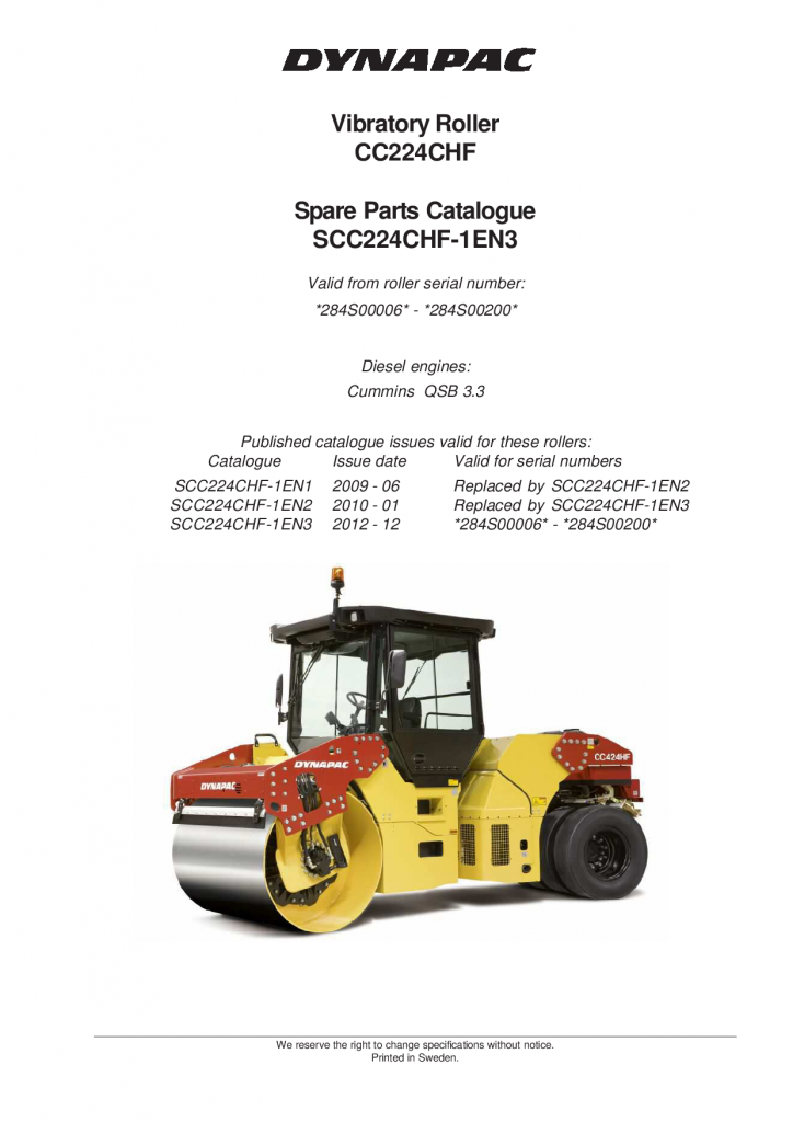 Dynapac CC224CHF - Spare Parts Catalogue SCC224CHF-1EN manual PDF Download