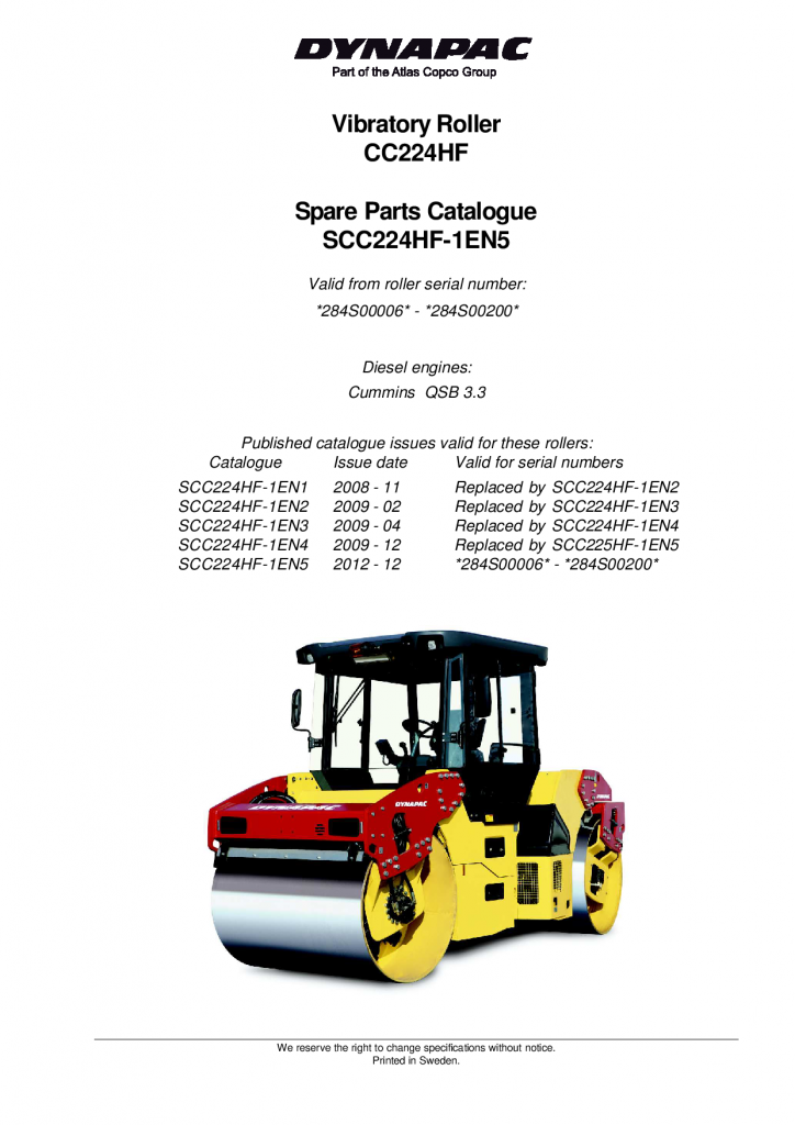 Dynapac CC224HF - Spare Parts Catalogue SCC224HF-1EN manual PDF Download