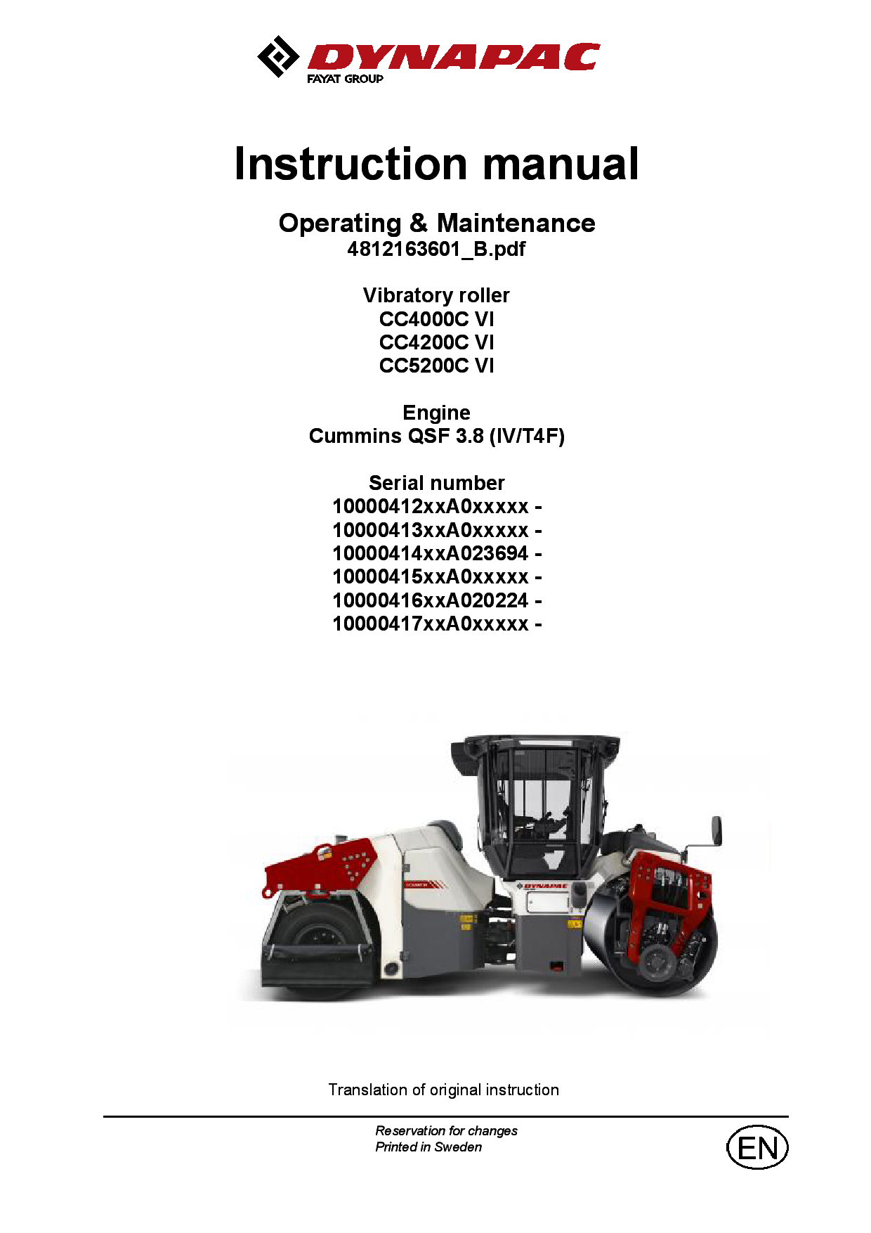 Dynapac CC4000C VI - 5200C VI (IV T4f) - Operation & Maintenance manual (EN) 4812163601 manual PDF Download