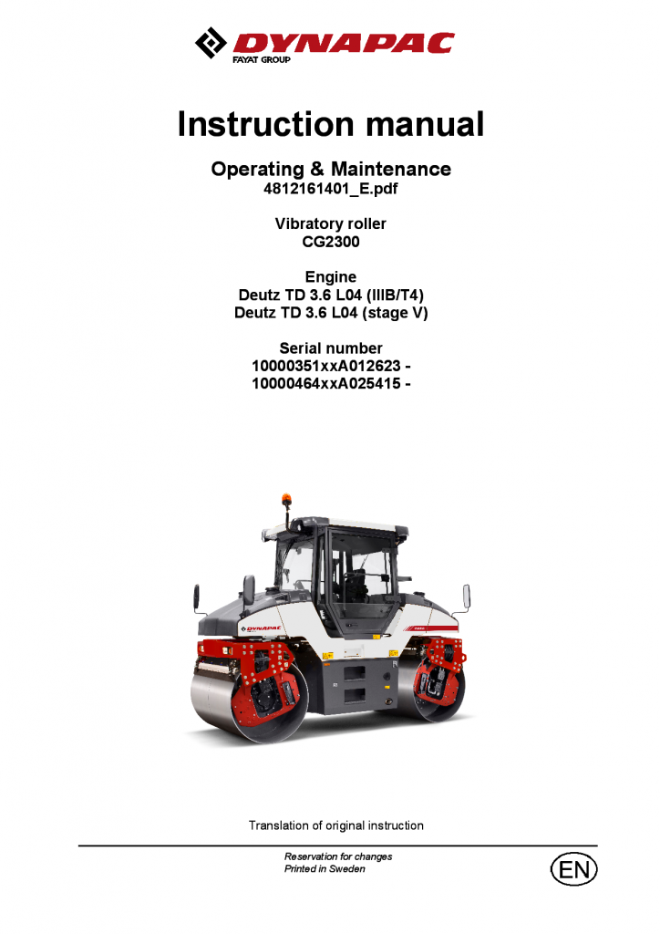 Dynapac CG2300 - Operation & Maintenance manual (EN) 4812161401 manual PDF Download