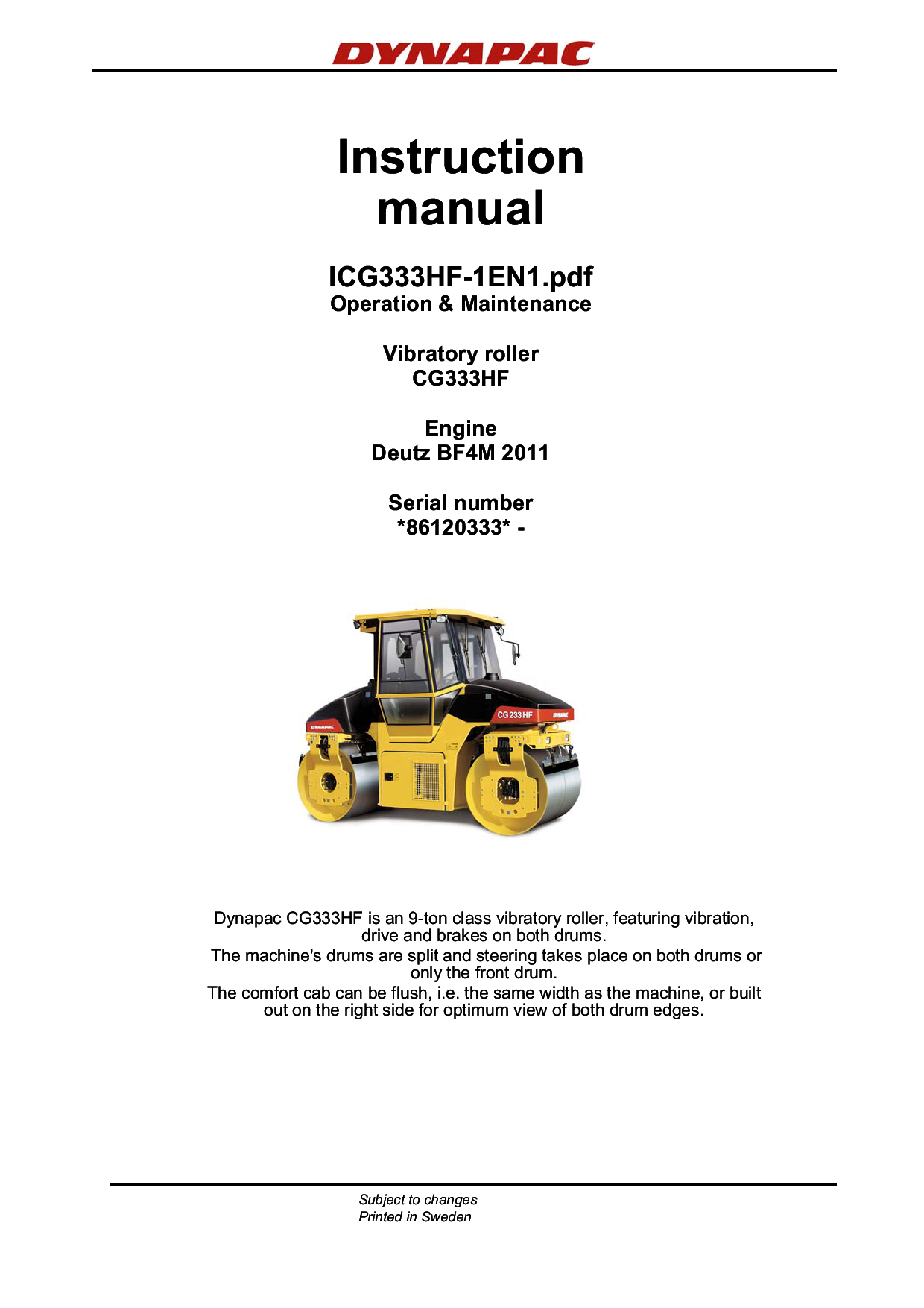Dynapac CG333HF - Operation & Maintenance manual ICG333HF-1EN manual PDF Download