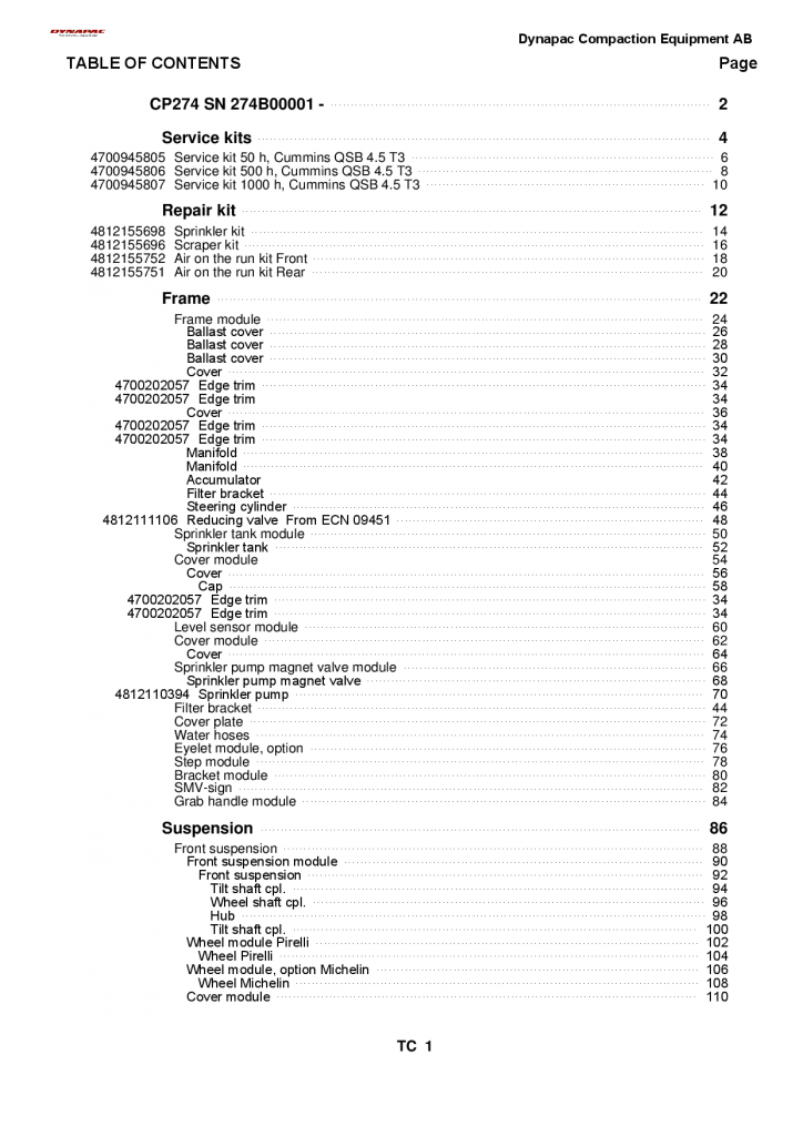 Dynapac CP274 - Spare Parts Catalogue SCP274-BR1EN manual PDF Download