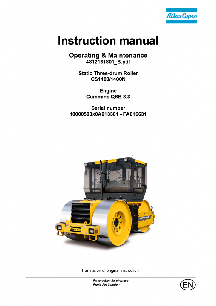 Dynapac CS1400 - Operation & Maintenance manual (EN) 4812161801 manual PDF Download
