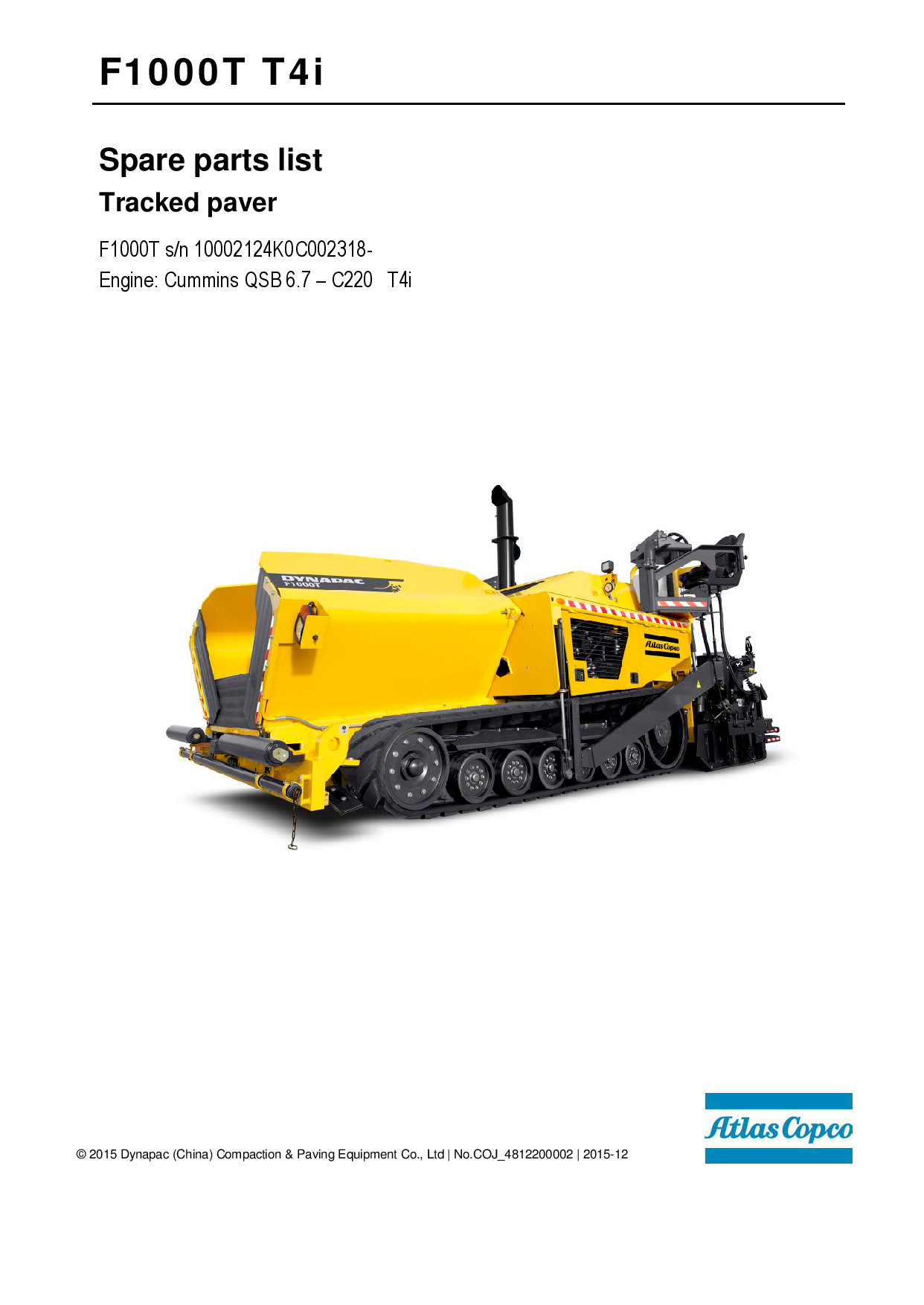 Dynapac F1000T (IIIB T4i, China) - Spare Parts Catalogue 4812200002 manual PDF Download