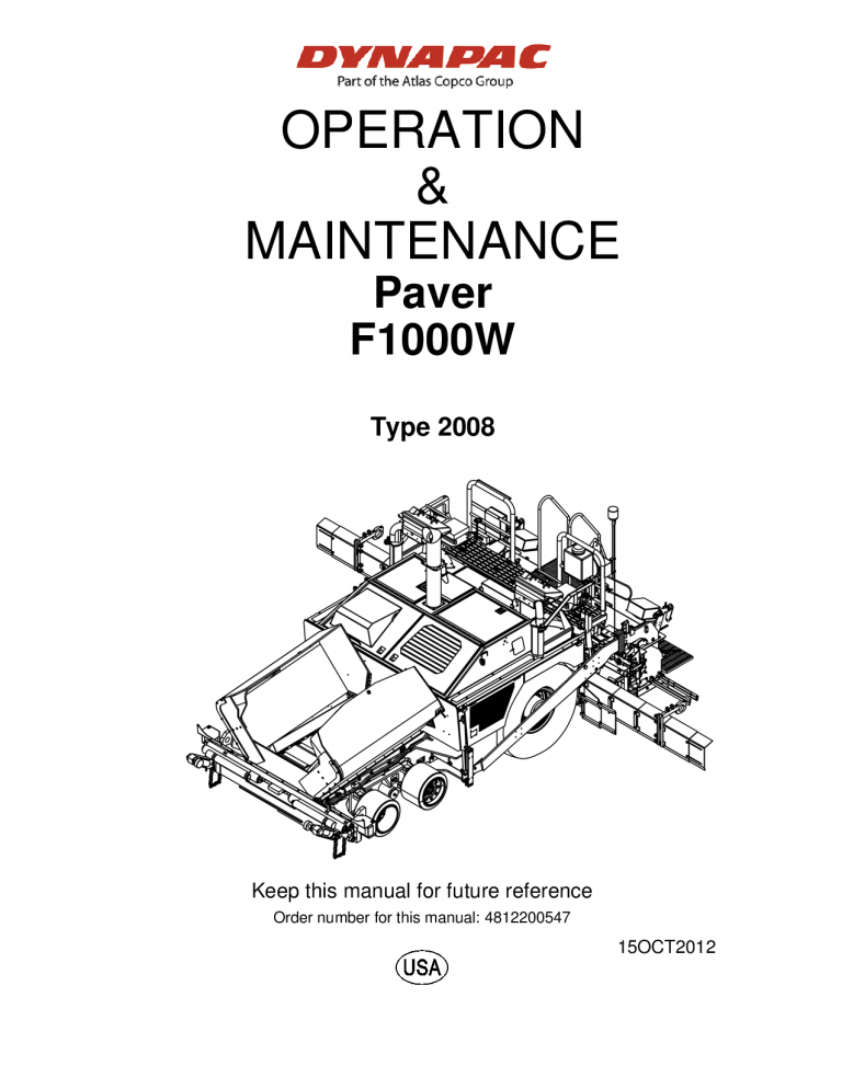 Dynapac F1000W Tier4 Operation & Maintenance manual 4812200547 manual PDF Download