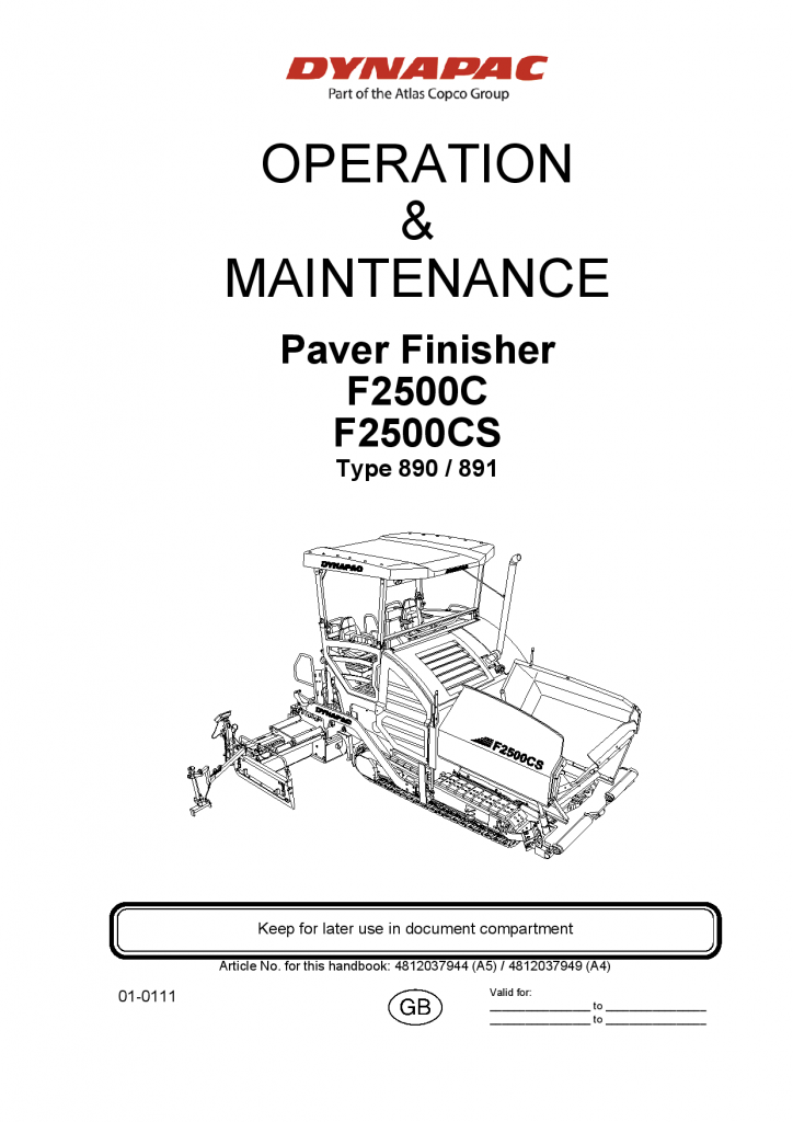 Dynapac F2500C F2500CS - Operation & Maintenance Manual - EN 4812037944EN manual PDF Download