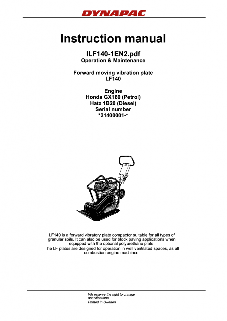 Dynapac LF140, Operation & Maintenance ILF140EN manual PDF Download