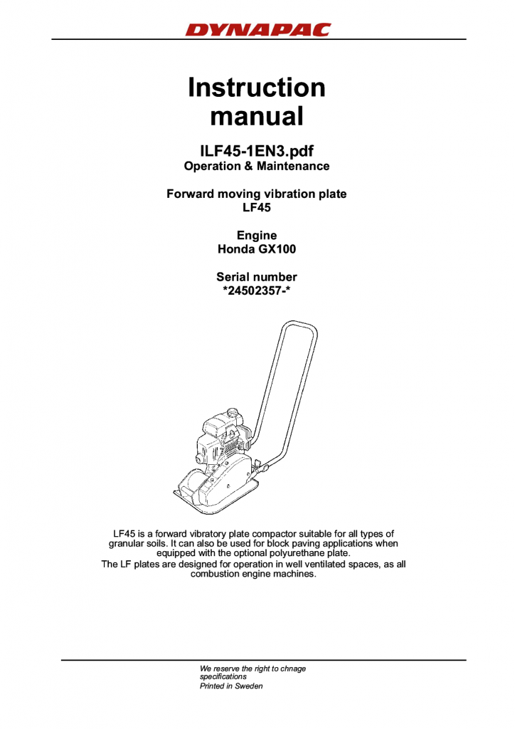 Dynapac LF45, Operation & Maintenance ILF045EN manual PDF Download