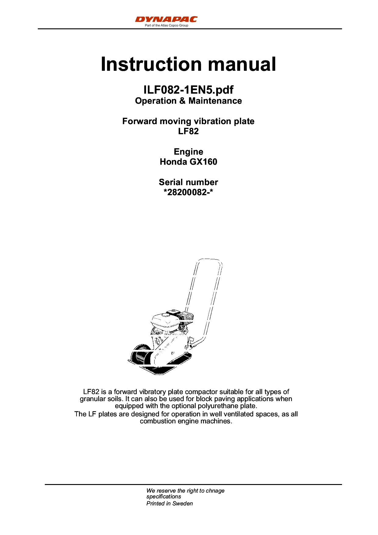 Dynapac LF82 with GX160, Operation & Maintenance ILF082GXEN manual PDF Download