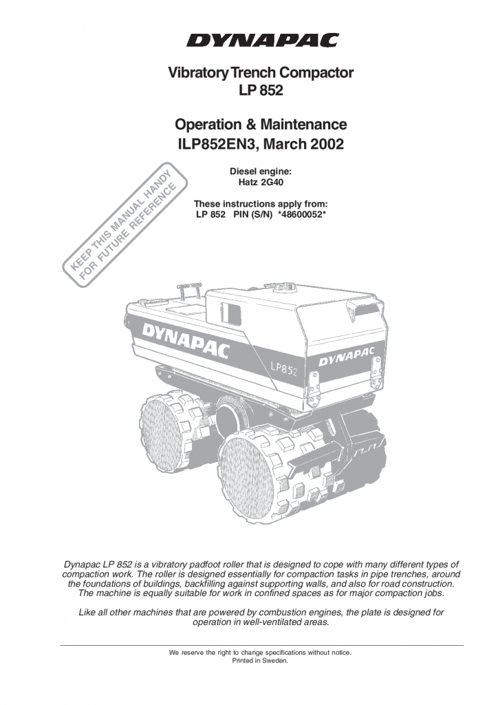 Dynapac LP852, Operation & Maintenance ILP852EN manual PDF Download