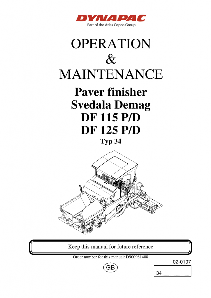 Dynapac Operation & Maintenance Manual DF115PD, DF125PD CON Deutz 2013 900981408EN manual PDF Download
