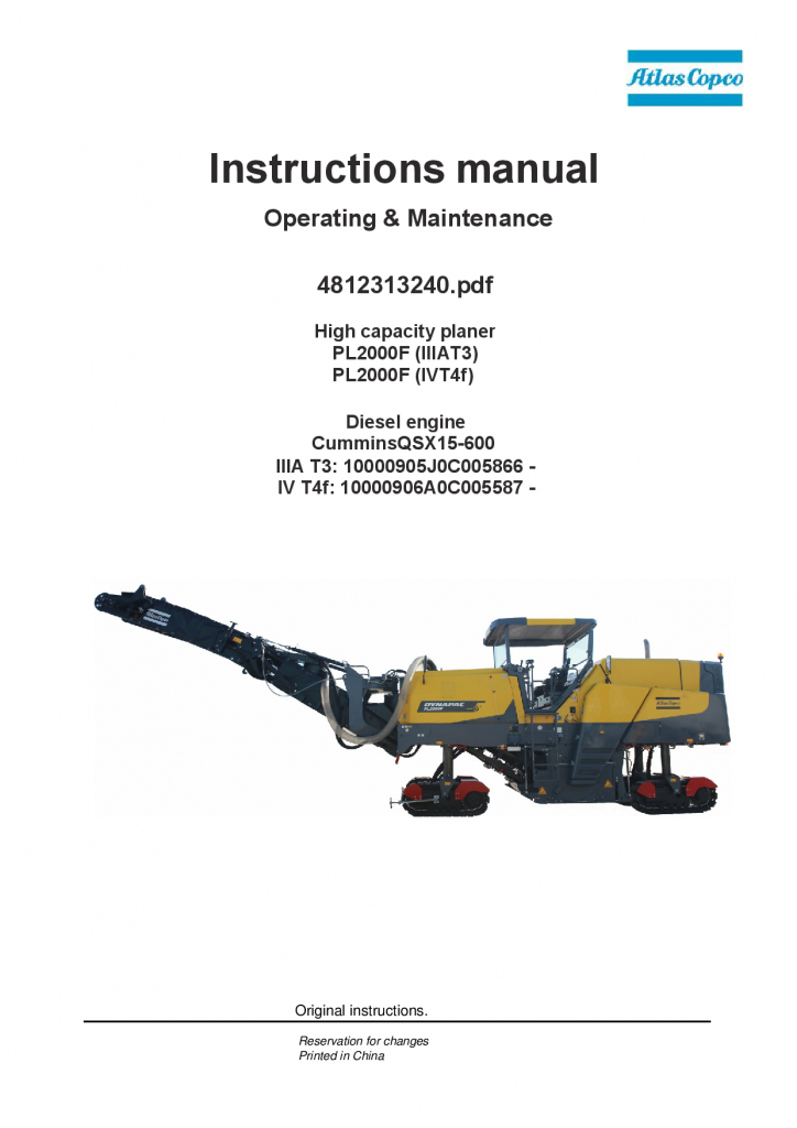 Dynapac PL2000F (IIIA T3, IV T4) - Operation and Maintenance Manual 4812313240 manual PDF Download