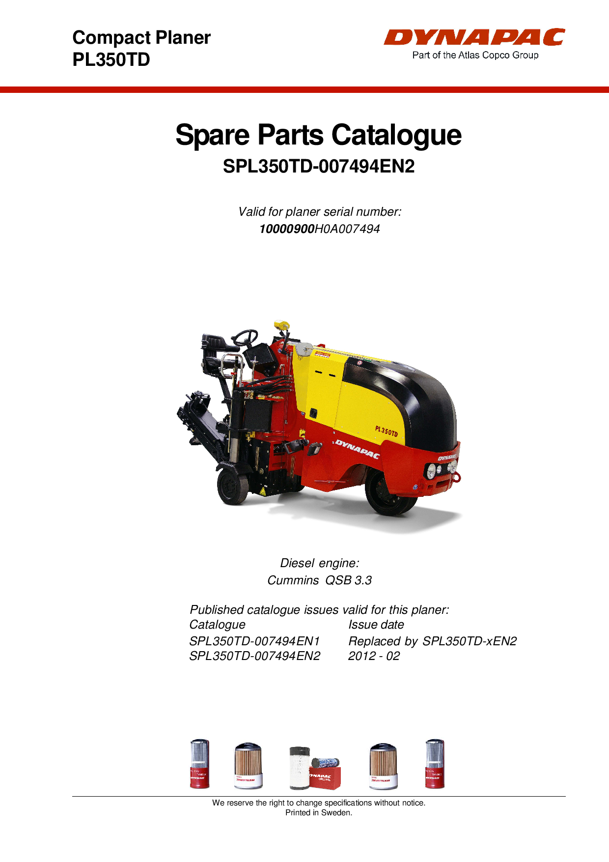 Dynapac PL350TD 0A007494 - Spare Parts Catalogue SPL350TD-007494EN manual PDF Download