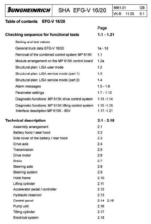 Jungheinrich EFG-V 16, EFG-V 20 (03.1995-05.1999) Electric ForkLift Truck Workshop Service Manual