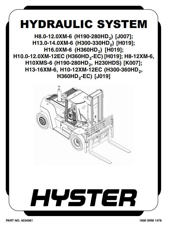 Hyster H300HD2, H330HD2, H360HD2, H360HD2-EC Forklift Truck H019 Serie Workshop Service Manual (USA)