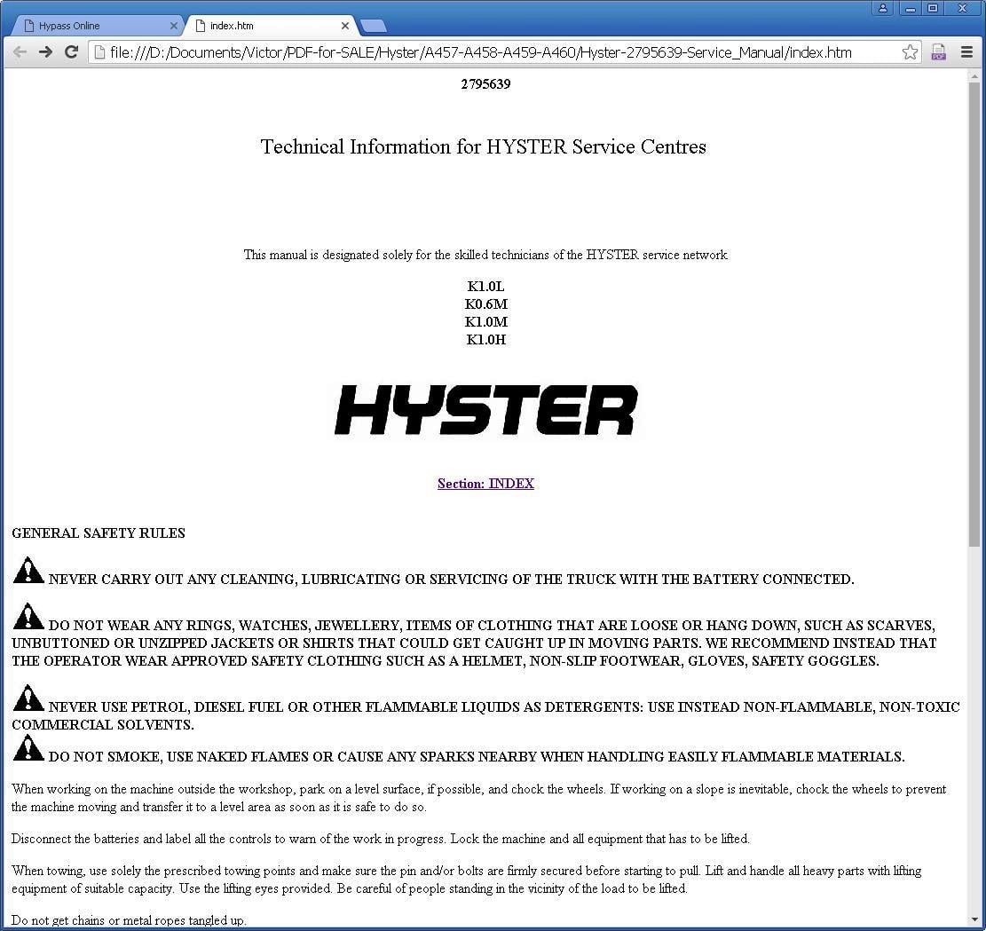 Hyster K0.6M, K1.0L, K1.0M, K1.0H Order Picker A457, A458, A459, A460 Series Workshop Service Manual