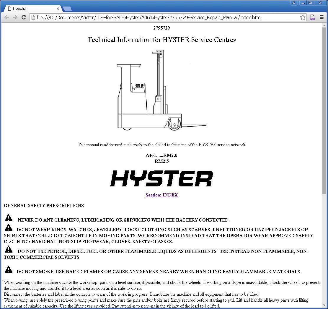Hyster RM2.0, RM2.5 Electric Four-way Diesel Fork Lift Truck A461 Series Workshop Service Manual