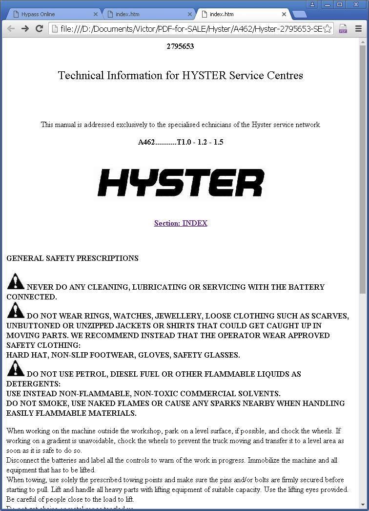 Hyster T1.0, T1.2, T1.5 Electric Fork Lift Truck A462 Series Workshop Service Manual