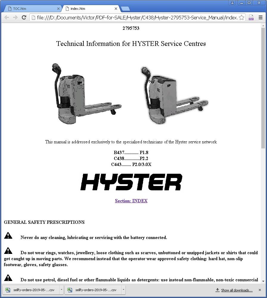 Hyster P1.8, P2.2 Pedestrian Pallet Truck B437, C438 Series Service Repair Manual