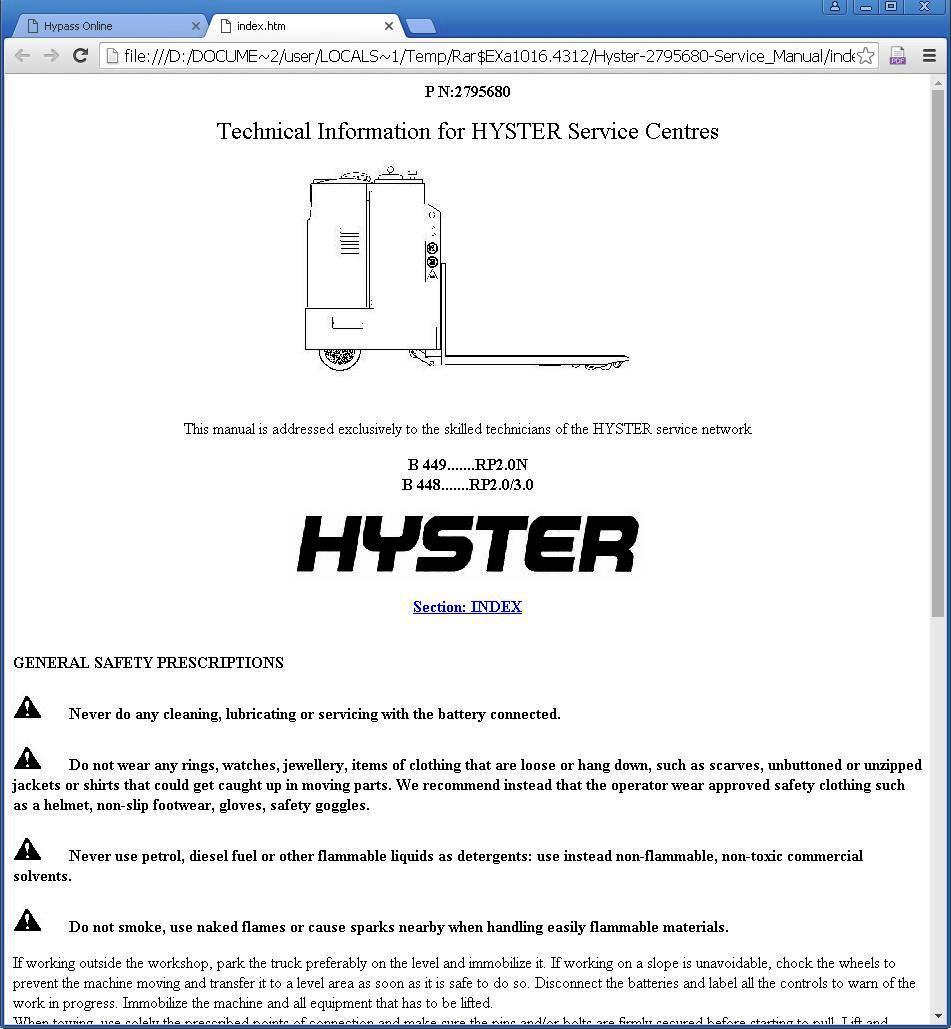 Hyster RP2.0, RP3.0, RP2.0N Electric Pallet Truck B448, B449 Series Workshop Service Manual