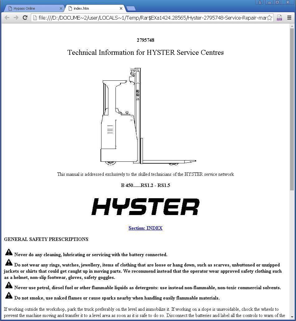 Hyster RS1.2, RS1.5 Electric Seated Rider Stacker B450 Series Workshop Service Manual