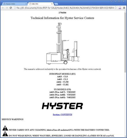 Hyster C1.0, C1.3, C1.5B, C1.8X Man-Up Turret Trucks A463, A464, A465 Series Service Manual (Europe)